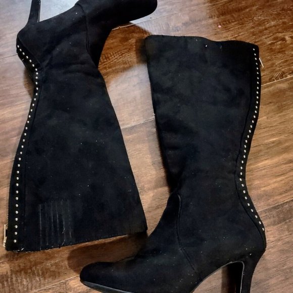 Sbicca Sylvie Suede Studded Boots Black Faux Zip Up Stiletto 7M ~ Hardly Worn - Picture 1 of 13